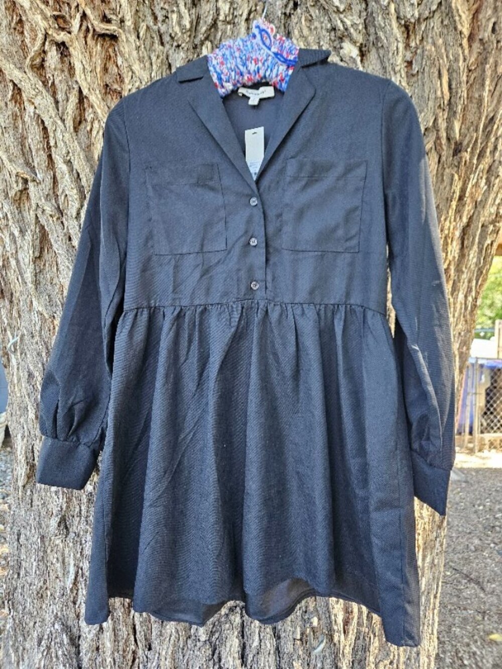 NWT Francesca's Black Long Sleeve Collared Babydoll Mini Dress-Small